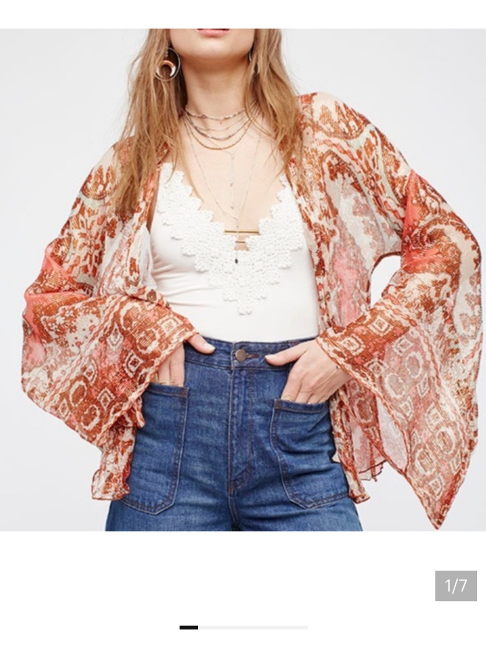 Free People Fleur De Lis Sheer Metallic Kimono Pink Rose Bell Sleeve Boho NWT